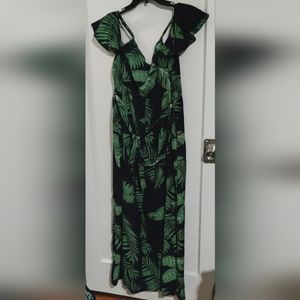 Tropical navy blue cold shoulder ruffle maxi dress size L